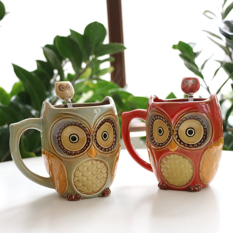 SQOWL 3D Coffee Mug Cute Set of 2 Owl Ceramic Coffee Mugs with spoons Office Tea Cups for Women Men 12 oz Cyan and Red - Image 3
